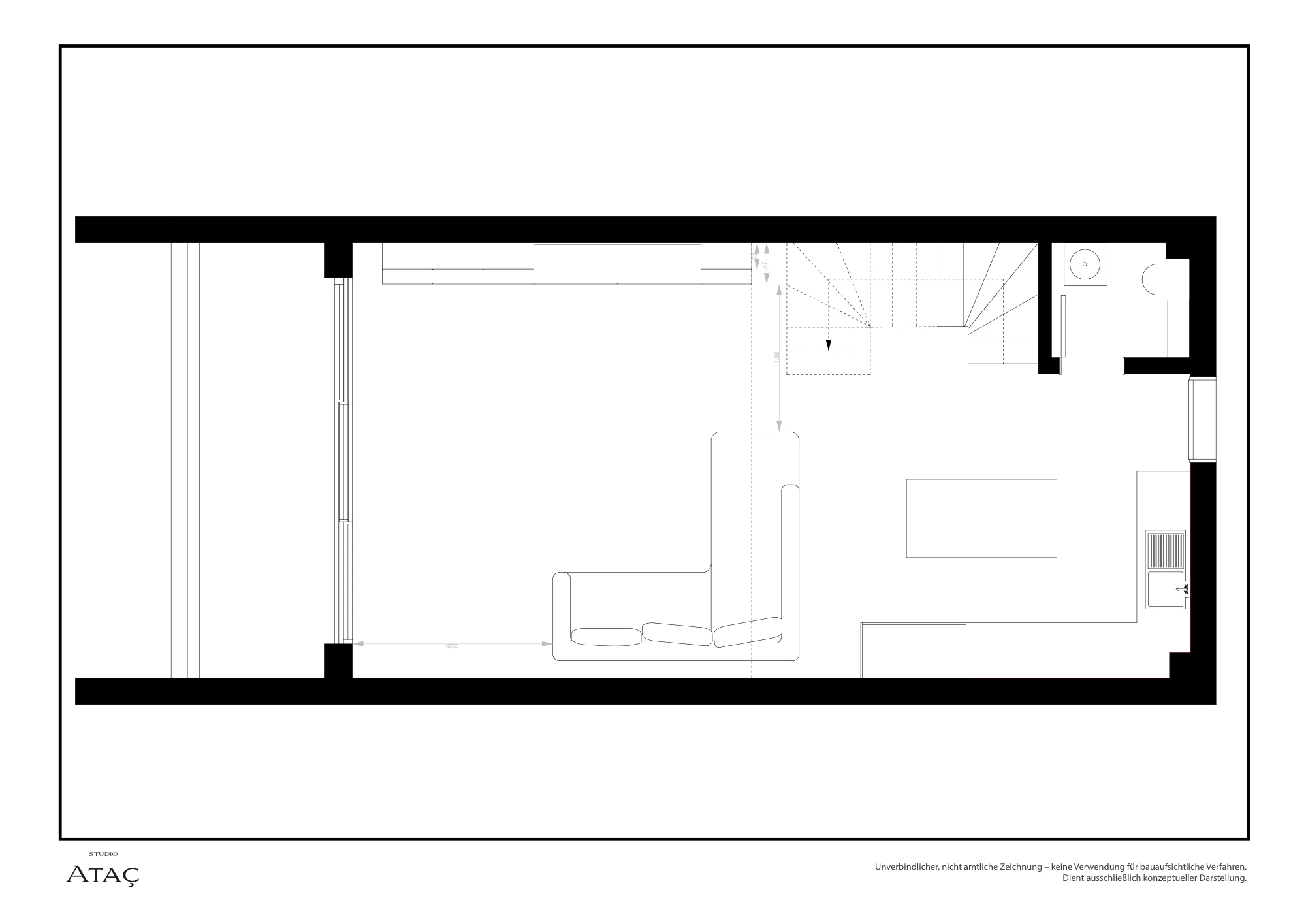Grundriss der unteren Ebene mit Wohnbereich und Küche