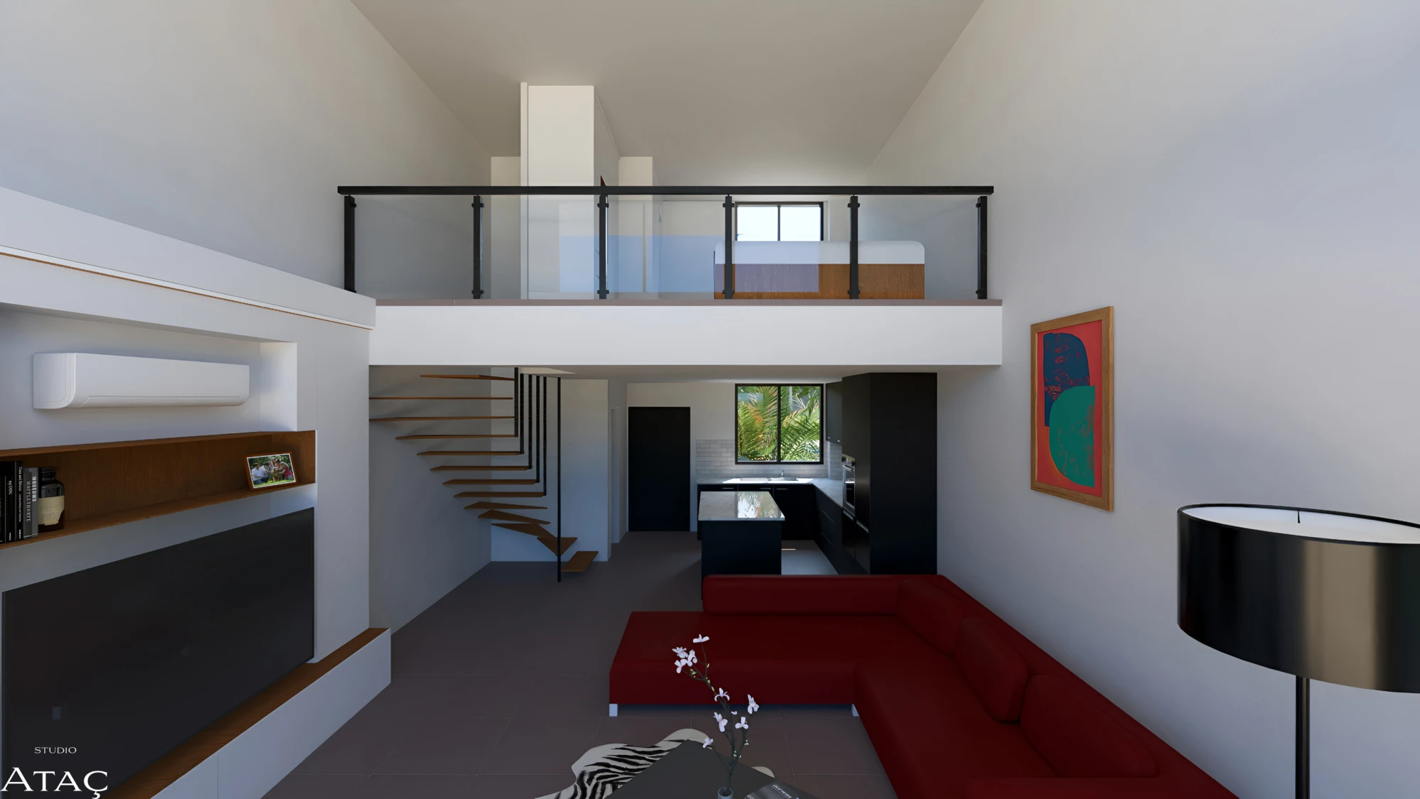 Visualisierung des eingerichteten Wohnraums mit Galerie und rotem Sofa