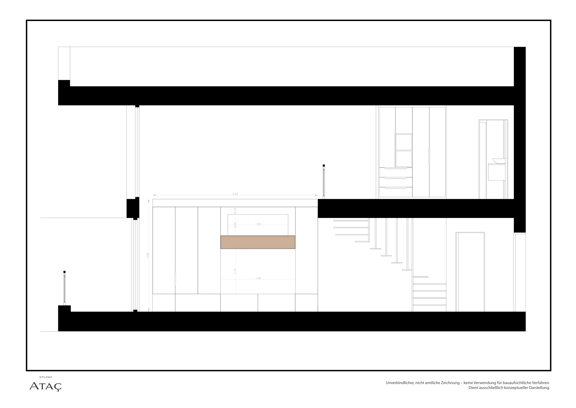 Längsschnitt durch den Wohnraum und die Galerie